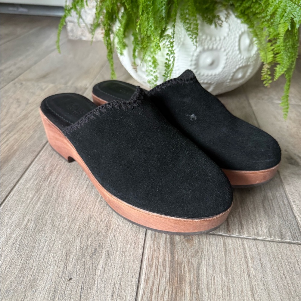 TOMS Addison Black Suede Clog Mule with Wood Tone Heel